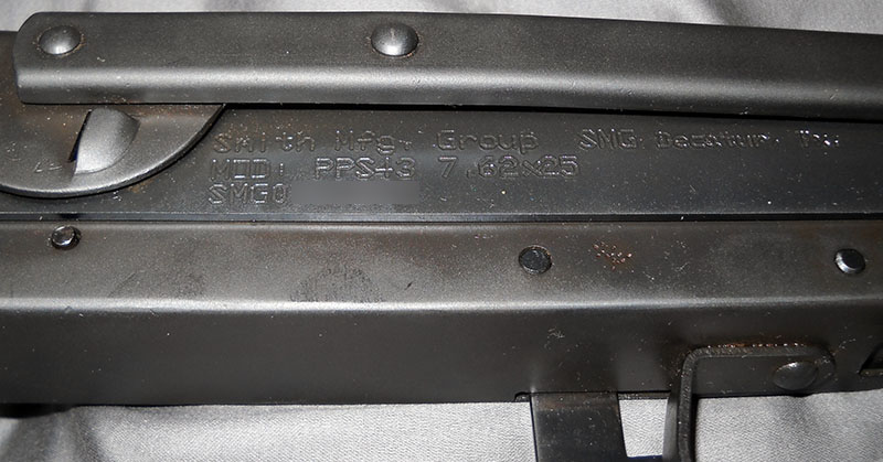detail, PPS-43 left side markings: Smith Mfg. Group  SMG Decatur, Tx.  MOD: PPS43 7.62x25
